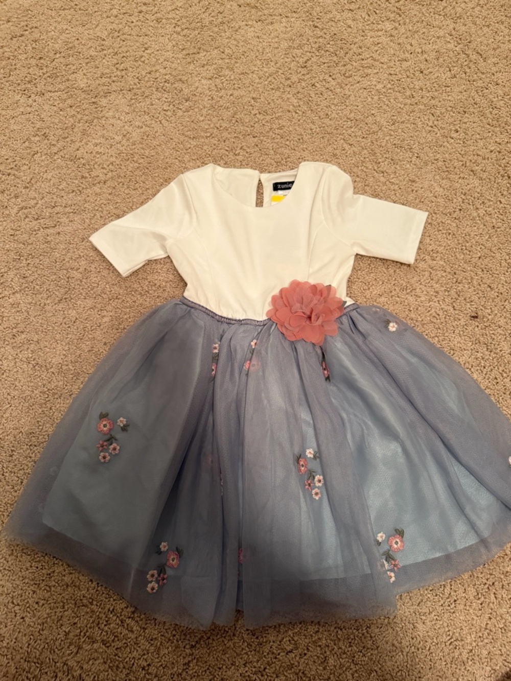 Zunie White Bodice Blue Skirt Dress with Pink Flower Accent